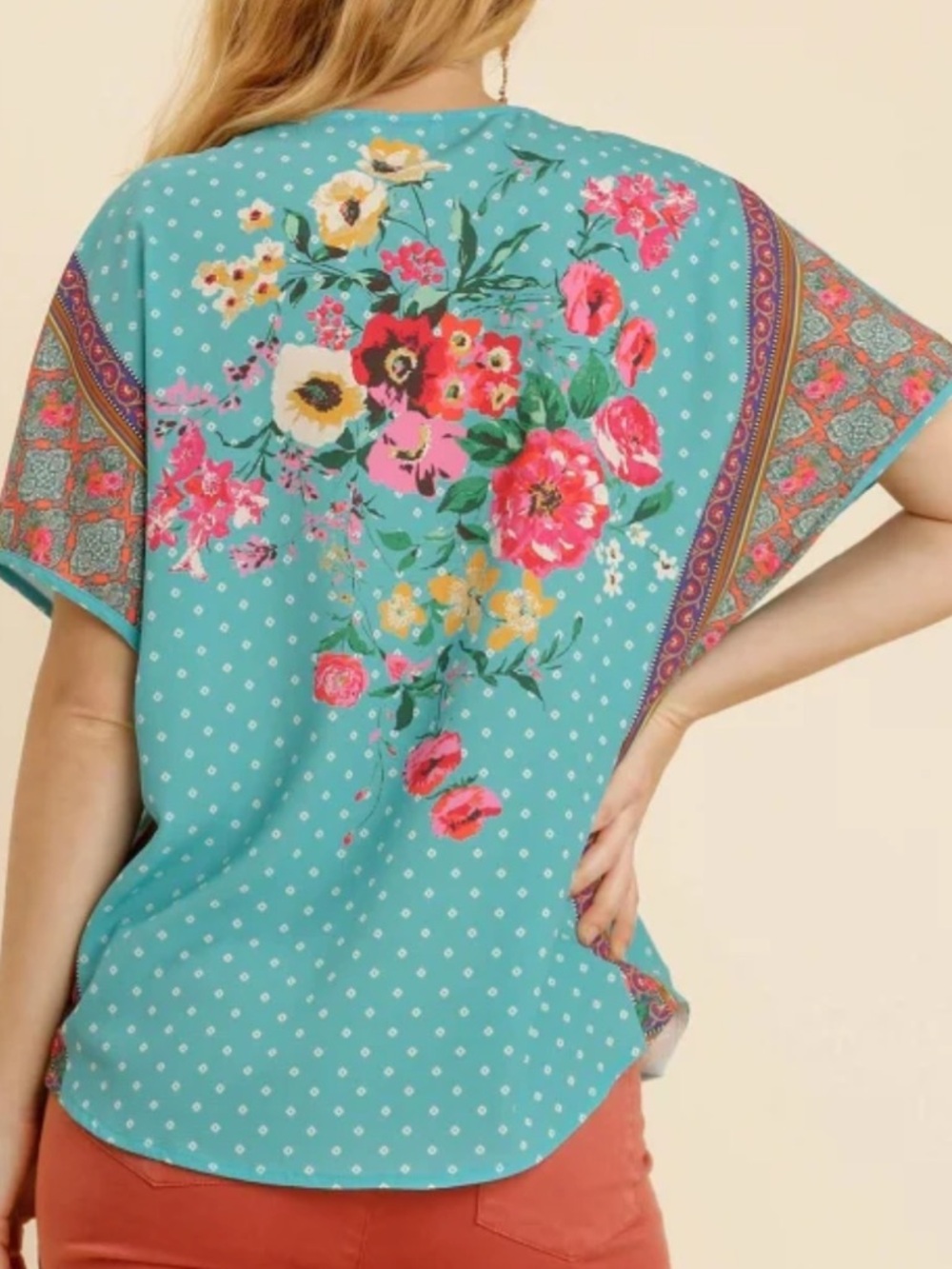 UMGEE Mixed Floral Print V-Neck Short Sleeve Top in Aqua Large - Picture 2 of 5